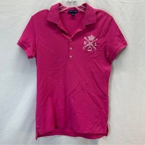 Ralph Lauren Womens Big Monogram Logo Equestrian Pink Polo Shirt Slim Fit Size L
